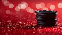 Black cookies stacked on red glittery surface with bokeh lights background creating festive holiday atmosphere for dessert and celebration designs.