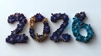 Floral number 2026 made from paper flowers in purple, gold and blue tones on light background. Creative typography design with dimensional layered blooms.