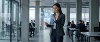 Young Asian businesswoman using tablet in modern office with glowing e-commerce holographic icons, digital shopping and finance concept.