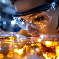 Young Asian female scientist in protective eyewear examining glowing liquid samples in petri dishes under laboratory conditions with bokeh light effects in background.
