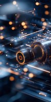 Abstract digital technology concept with glowing orange and blue wireframe elements for cybersecurity, engineering, or futuristic backgrounds.