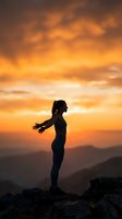 Woman silhouette with arms outstretched standing on mountain peak during golden sunset with dramatic orange sky and rolling hills in background.