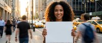 Young African American woman with curly hair holding blank white sign on busy city street with yellow taxis and pedestrians in urban downtown area.