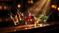 Colorful cocktails splashing in glasses on wooden bar counter with dramatic lighting and bokeh background for beverage advertising and hospitality design.
