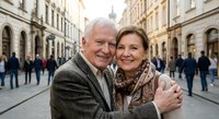Happy senior Caucasian couple embracing on historic European city street with elegant architecture and pedestrians in background during golden hour.