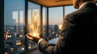 Businessman in suit holding glowing holographic human figure in modern office with city skyline view at dusk for technology and innovation concepts.