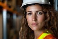 Young female construction worker with curly brown hair wearing white hard hat and high visibility safety vest in warehouse setting, confident expression.