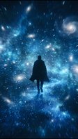 Silhouette of person standing in cosmic tunnel with swirling blue stars and light streaks creating mystical space portal effect for fantasy and science fiction concepts.