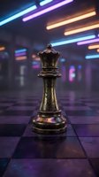 Golden chess queen piece on futuristic neon-lit chessboard with colorful LED lights creating cyberpunk atmosphere for strategic gaming concepts.