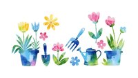 Watercolor spring gardening elements with potted flowers, tools and watering can isolated on white background for seasonal design projects.