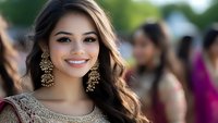 Young Asian woman with radiant smile wearing traditional ornate gold chandelier earrings and embellished ethnic attire at outdoor cultural celebration.