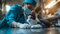 Veterinarian in surgical scrubs and mask examining white and gray cat on examination table in modern clinic with soft teal lighting atmosphere.
