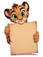 Cute cartoon cheetah cub character holding blank vintage paper scroll, with bright green eyes and spotted fur pattern on isolated background for design use.