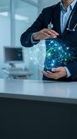 Doctor with stethoscope holding digital brain hologram with network connections in modern medical office representing AI healthcare technology innovation.