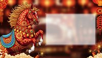 Ornate decorative horse with golden mane and red patterns on festive background with blank frame for text or design elements.
