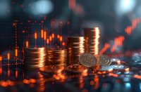 Stacks of golden coins against financial chart background with red market data visualization, dramatic lighting creates depth and reflection on metal surface.
