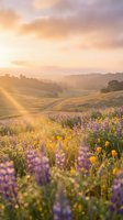 Golden sunrise illuminates rolling hills covered in purple wildflowers creating dreamy pastoral landscape with warm sunbeams and soft morning light.