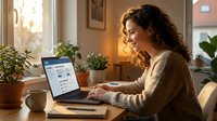 Young woman with curly hair working on laptop at home office desk with plants and warm lighting during golden hour for remote work productivity.