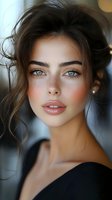 Young woman with freckles, green eyes and natural makeup wearing pearl earrings. Soft portrait with blurred background for beauty and fashion advertising.