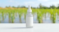 White dropper bottle on table with blurred green rice field background. Natural skincare serum packaging mockup for organic cosmetic product branding and marketing.
