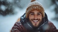Young bearded man wearing winter knit beanie and burgundy jacket smiling broadly during snowfall, close-up portrait with natural bokeh effect and soft lighting.