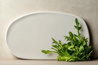 Fresh arugula leaves beside a white ceramic plate on a neutral background, offering clean copy space for food branding or menu design.