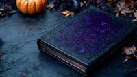 Mysterious black leather book with purple ornate cover on dark stone surface near orange pumpkin and autumn leaves, creating magical Halloween atmosphere.