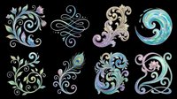Ornamental swirl flourishes with botanical and peacock feather elements, isolated on transparent background. Ready for t-shirt design, clipart, stickers, sublimation, print-on-demand products and digital crafts.