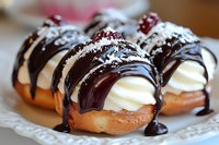 Fresh cream puffs filled with vanilla custard, topped with dark chocolate ganache drizzle and coconut flakes on white serving plate, close up view of pastries.