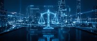 Digital scales of justice glowing in neon blue over futuristic cityscape with data networks, representing law, legal technology, compliance, and digital governance systems.