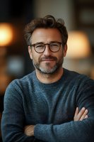 Confident middle-aged Caucasian man with beard and glasses in blue sweater with crossed arms smiling warmly in modern office setting for business portraits.