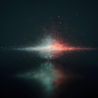 Abstract glowing particles in red and white colors against dark background with reflection, creating cosmic or digital atmosphere.