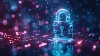 Digital padlock with glowing blue circuit pattern on dark background with bokeh effects. Perfect for cybersecurity, data protection, and digital privacy concepts in modern tech designs.