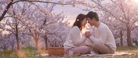 A young couple sits together in a blooming orchard at sunset, sharing an intimate moment surrounded by flowering trees and natural light.