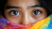 Young Asian woman with brown eyes partially covered by colorful rainbow fabric scarf showing diversity, pride, and cultural expression in close-up portrait.