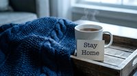 Steaming mug of hot tea on a wooden tray with a Stay Home note and cozy blue knit blanket by a window.