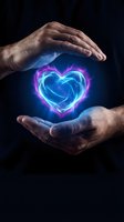 Male hands protecting glowing neon heart with electric energy effects on dark background for healthcare and love concepts.