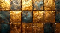Textured metallic squares in gold and teal create dramatic checkerboard pattern with rich patina effect and rough surface detail, suitable for luxury interior design background.
