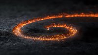 Glowing spiral trail of orange sparks and embers against dark textured surface creates magical light painting effect, suitable for mystical and fantasy designs.