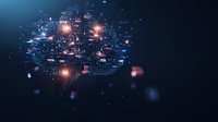 Glowing network nodes connected by digital lines form complex data visualization structure against dark background with light effects and bokeh elements.