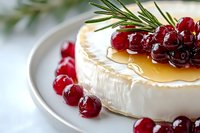 Baked camembert cheese topped with honey and fresh cranberries on white plate, garnished with rosemary sprig. Close up view of melted soft cheese appetizer.
