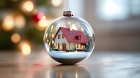 Miniature winter house scene inside glass Christmas ball ornament with red roof and snowy landscape, reflecting holiday lights and festive atmosphere in background.