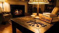Cozy living room with vintage keys and a welcome sign on a wooden table, warm fireplace glowing in the background, inviting home atmosphere.