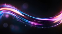 Glowing neon wave with pink and blue light trails on dark background, dynamic energy flow effect with bokeh particles and luminous motion streaks.