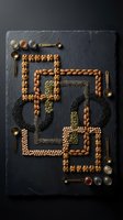 Artistic arrangement of various legumes, seeds and spices forming geometric patterns on dark slate board with golden spoons and small glass containers.