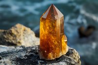 Natural amber citrine crystal point on rough stone against blurred dark background, glowing with warm golden light and displaying internal inclusions.
