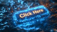 Glowing click here button with neon blue light effect on dark textured background, digital marketing concept for web design and online advertising.