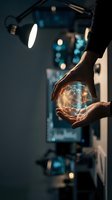 Businessman hands holding glowing digital network sphere with connected lines representing global connectivity and technology innovation in modern office.