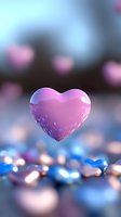 Pink heart floating above scattered blue and pink heart shapes with soft bokeh effect and dreamy atmosphere, romantic Valentine's Day concept for greeting cards and social media.