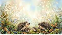 Hedgehogs exploring lush garden with wildflowers and foliage in soft, dreamy watercolor style. Suitable for children's books, nursery decor, and nature-themed designs.